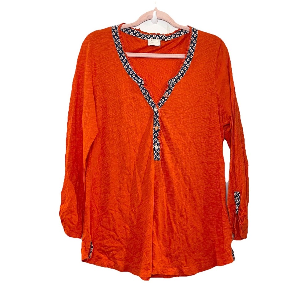 Anthropologie Postmark Orange Ruffle Trim Henley Tab Sleeve Knit Top Stretch M